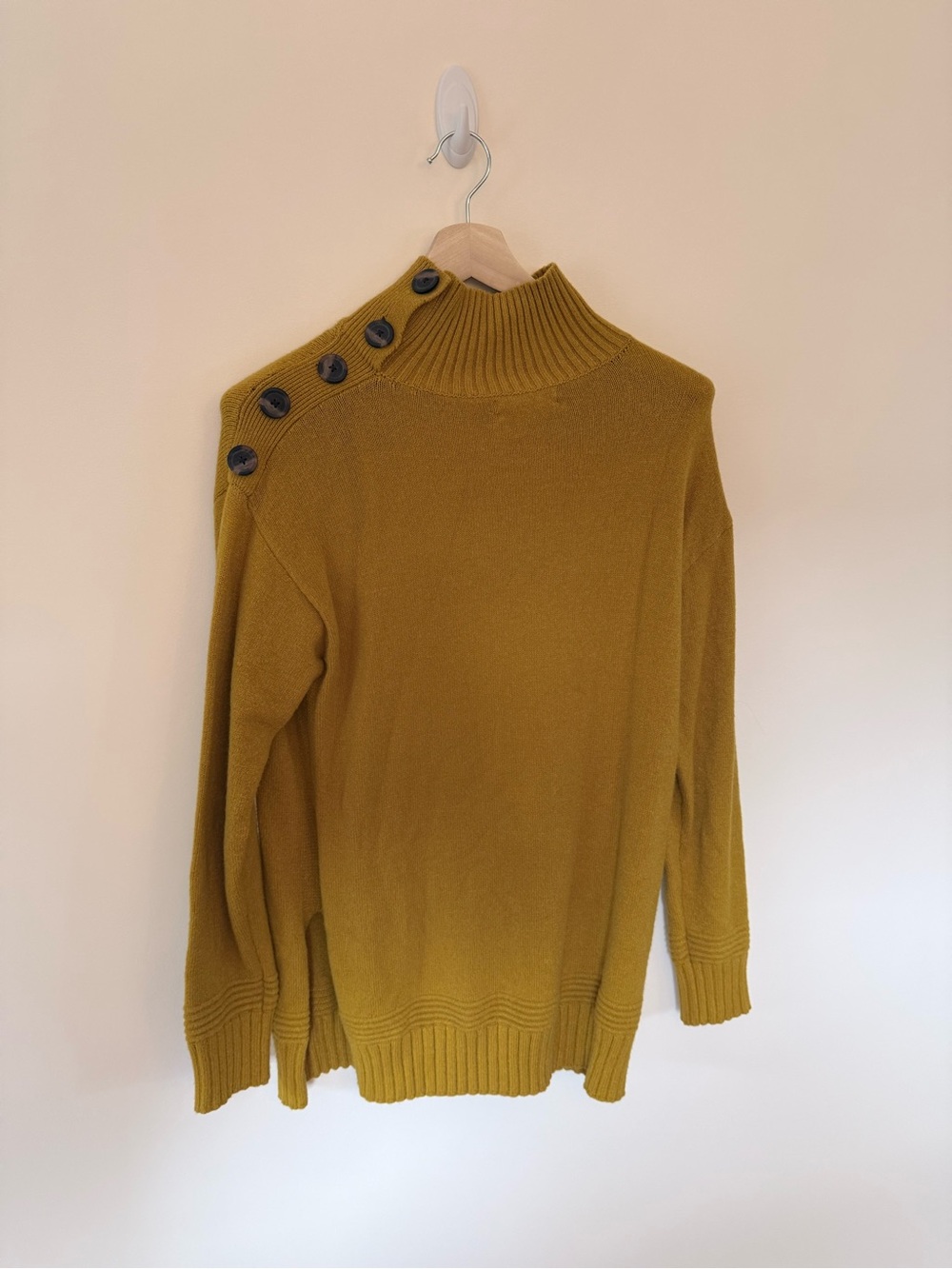 Anthropologie Mustard Button-Shoulder Ribbed Mock Neck Sweater